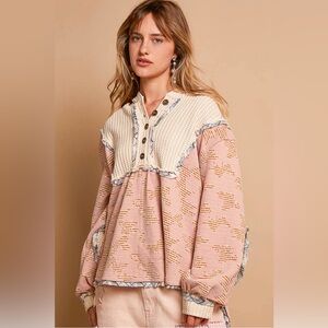 POL Patchwork Waffle Knit Hoodie w/ Elbow Patches Boho Pullover